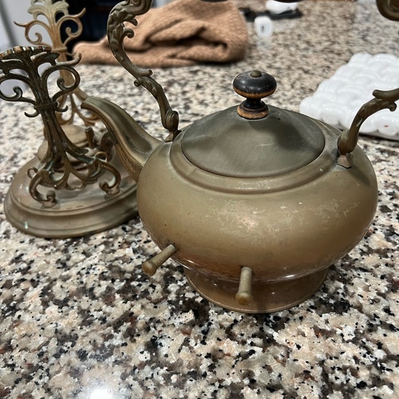 Antique Copper/Brass Tea Pot Lidded Kettle w/ Ornate Stand & Burner - Picture 7 of 8